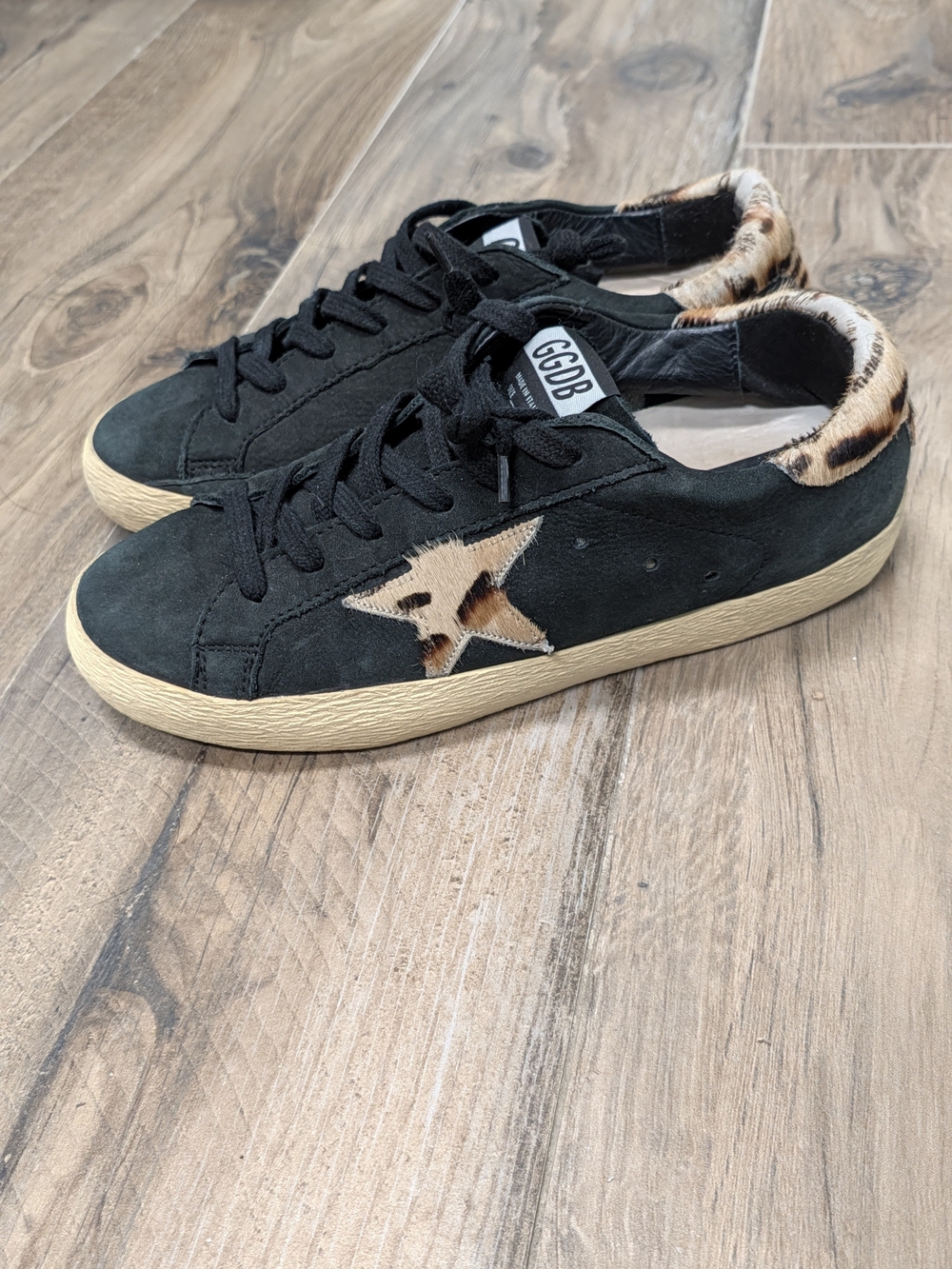 Golden Goose GGDB Black Suede Star Superstar Sneakers with Leopard Accent